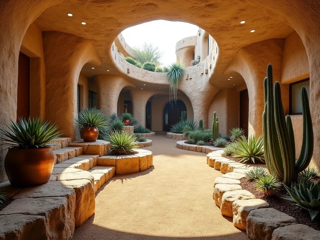 Underground Desert Succulent Sanctuary - A stunning wide-angle shot of a naturally lit underground cavern garden at golden hour, sunlight filtering through a circular opening above. The space features dramatic limestone walls with built-in terraced shelving hosting an array of desert succulents in copper and terracotta pots. Large barrel cacti and tall euphorbia specimens create striking focal points against the textured rock walls. A winding decomposed granite pathway leads through the space, bordered by carefully arranged emperor agaves and golden barrel cacti. Natural rock formations integrate seamlessly with custom-built sandy-colored stone planters. Small LED lights are tucked between rocks, creating a magical ambiance. A minimal copper water feature trickles down a natural rock face, its sound echoing softly. The ceiling features exposed natural rock formations with hanging string succulents cascading down. The floor is covered in golden desert sand and small pebbles, with proper drainage channels visible along the edges. Photorealistic, architectural photography style, high-end garden design.