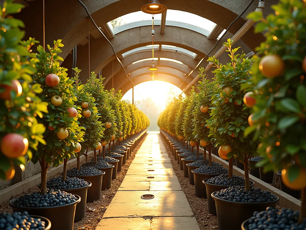 Underground Fruit Tree Nursery Haven - Professional DSLR wide-angle photograph of a modern underground fruit tree nursery, captured at golden hour. The sunlight streams through strategically placed light wells, creating a magical atmosphere. Neat rows of dwarf apple, pear, and plum trees flourish under LED grow lights suspended from a curved ceiling. The space features exposed stone walls with integrated hydroponics systems, while automated ventilation ducts add industrial charm. A central pathway lined with potted blueberry bushes leads through the space. Temperature control displays and irrigation systems are visible along the walls. The warm lighting highlights the healthy foliage and ripening fruit, while the depth of field captures both the detailed fruit clusters in the foreground and the entire underground garden space stretching into the background. The modern underground nursery seamlessly blends agricultural functionality with architectural elegance.