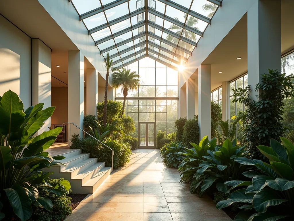 Sunlit Underground Glass Conservatory - A stunning underground glass-ceiling conservatory photographed at golden hour, shot from a wide angle perspective. Sunlight streams through the geometric glass panels, creating dramatic shadows on pristine white walls and stone pathways. Lush tropical plants including bird of paradise, monstera deliciosa, and climbing philodendrons thrive in the controlled environment. Modern architectural elements feature sleek steel framing and minimalist stairs leading down to the subterranean paradise. Ambient lighting illuminates the corners while tall palm trees reach toward the transparent ceiling. The space seamlessly blends indoor comfort with outdoor atmosphere, captured with professional DSLR photography emphasizing depth and natural lighting. f/8, ISO 100, 1/125 shutter speed.