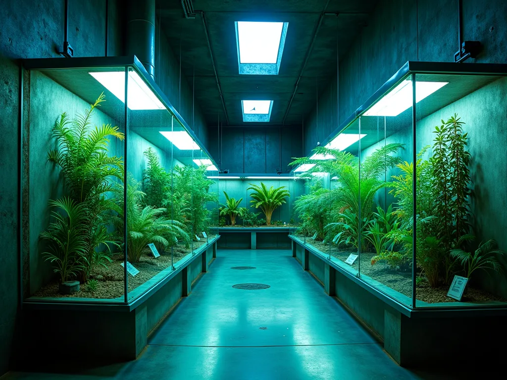 Underground Prehistoric Plant Laboratory - A professional DSLR photograph of an underground garden laboratory space, bathed in soft LED grow lights casting a ethereal blue-green glow. The modern glass enclosures house rare cycads, ancient ferns, and living fossil plants arranged in scientific precision. Temperature and humidity monitoring displays line the polished concrete walls, while educational placards detail each specimen's prehistoric origins. A central research station features microscopes and scientific equipment. Natural light streams in through strategic skylights, creating dramatic shadows among the primordial vegetation. The space combines modern laboratory aesthetics with Jurassic-period plant life, captured with a wide-angle lens at f/8 to show the full scope of this unique underground research garden.