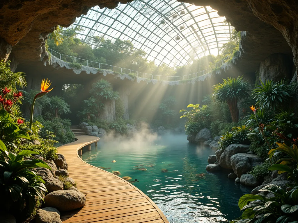 Sunlit Underground Tropical Paradise - A professional architectural photograph of a stunning underground greenhouse sanctuary, featuring a dramatic glass ceiling that bathes tropical plants in natural light. The space showcases terraced levels filled with lush orchids, towering bird of paradise plants, and exotic ferns. A serene koi pond with crystal-clear water reflects ambient light, while natural stone walls provide texture and warmth. Mist hovers above the water surface, creating a magical atmosphere. The greenhouse is captured during golden hour, with sunbeams streaming through the glass ceiling, creating ethereal light patterns. Shot with a wide-angle perspective to showcase the grand scale and architectural details, including modern climate control systems seamlessly integrated into the natural aesthetic. The foreground features a curved wooden walkway that leads viewers into the space.