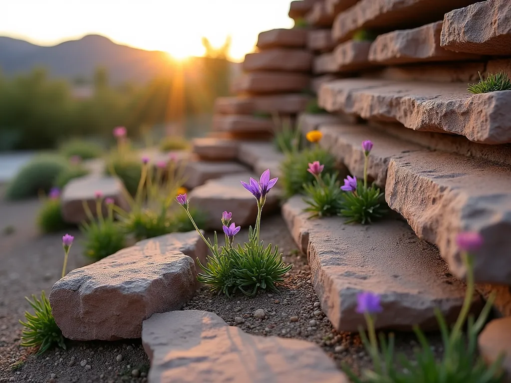 Desert Alpine Rock Crevice Garden - A meticulously designed rock crevice garden photographed during golden hour, capturing the dramatic interplay of light and shadow across layered sandstone slabs. Small, delicate Rock Jasmine and purple Dwarf Columbine flowers emerge from narrow crevices between carefully positioned vertical stones, creating a natural mountain outcropping aesthetic. The garden, positioned in a front yard corner, features varying levels of rock formations with tiny alpine plants cascading down the cracks, photographed from a low angle to emphasize the vertical drama. Soft evening light illuminates the textured rocks and highlights the delicate flowers, while desert mountains appear subtly in the background, shot with a shallow depth of field at f/2.8.