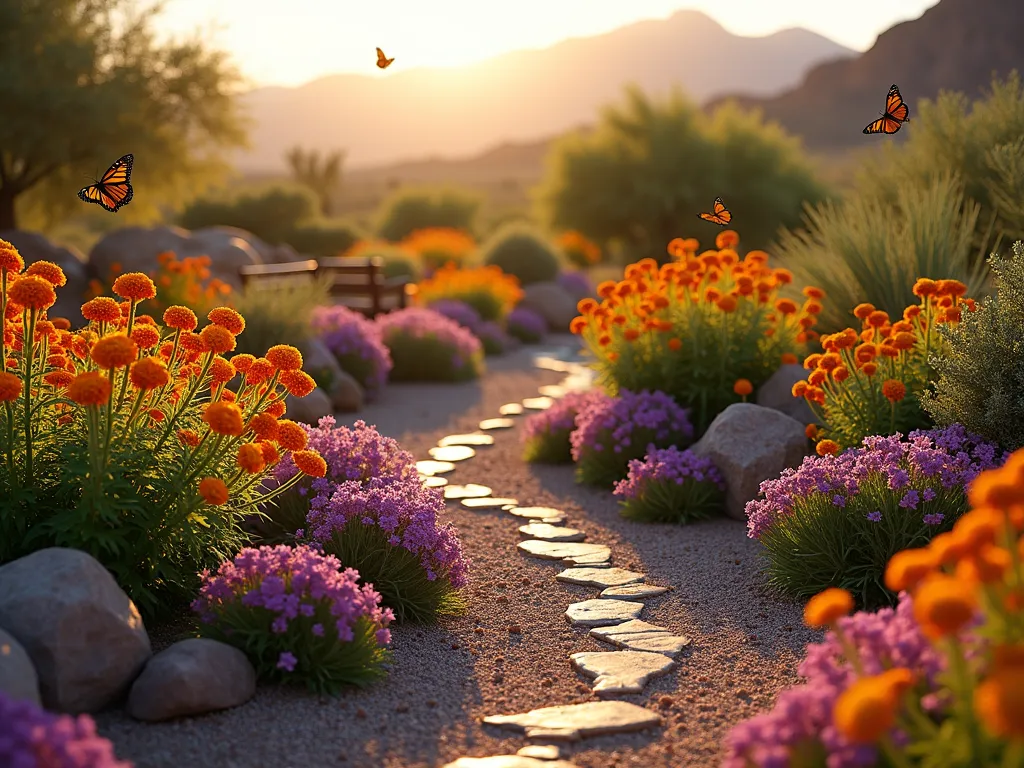 Desert Butterfly Haven - A vibrant desert butterfly garden at golden hour, featuring winding paths through clusters of drought-resistant flowering plants. Majestic orange and yellow Butterfly Weed blooms in the foreground, with purple Verbena and multicolored Lantana creating layers of color in the middle ground. Several Monarch and Swallowtail butterflies flutter between the flowers, their wings catching the warm sunset light. Natural rock formations and decorative gravel paths complement the desert landscape, while a rustic wooden bench offers a peaceful viewing spot. The background shows distant Utah mountains, creating a stunning natural backdrop. The garden is accented with ornamental grasses and native desert succulents for texture, all arranged in a naturalistic, flowing design that appears both drought-tolerant and abundantly alive with butterfly activity.