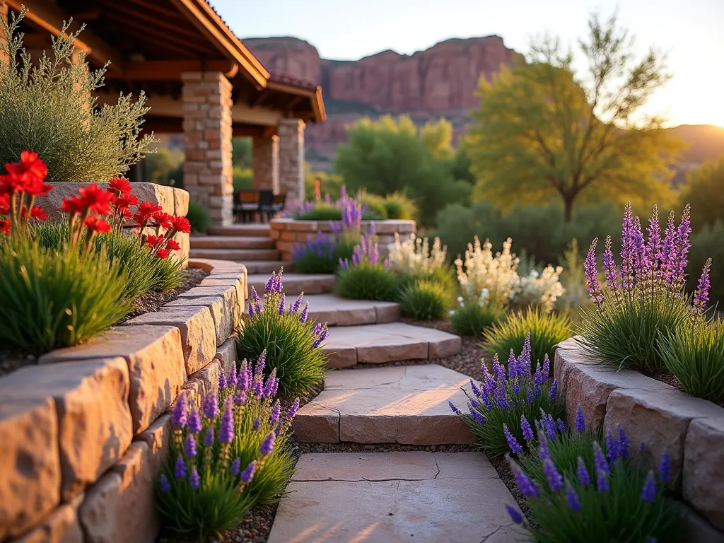 Desert Canyon Garden Oasis - A stunning wide-angle shot of a terraced backyard garden at golden hour, inspired by Utah's red rock canyons. Multiple levels of rustic sandstone retaining walls create dramatic elevation changes, dotted with vibrant clusters of native wildflowers. Scarlet Indian Paintbrush blooms cascade over weathered rock edges, while tall purple Utah Penstemon stands proudly against the stone backdrop. Delicate white Desert Primrose flowers glow in the warm evening light, creating ethereal pockets throughout the landscape. Natural stone steps wind through the garden, leading to a cozy patio area. The garden's design mimics the natural layering of canyon walls, with drought-resistant plants emerging from rock crevices. Sharp detail and warm lighting emphasize the rich textures of both stone and flora, photographed with a professional DSLR camera at f/2.8, creating beautiful bokeh effects on the background vegetation.