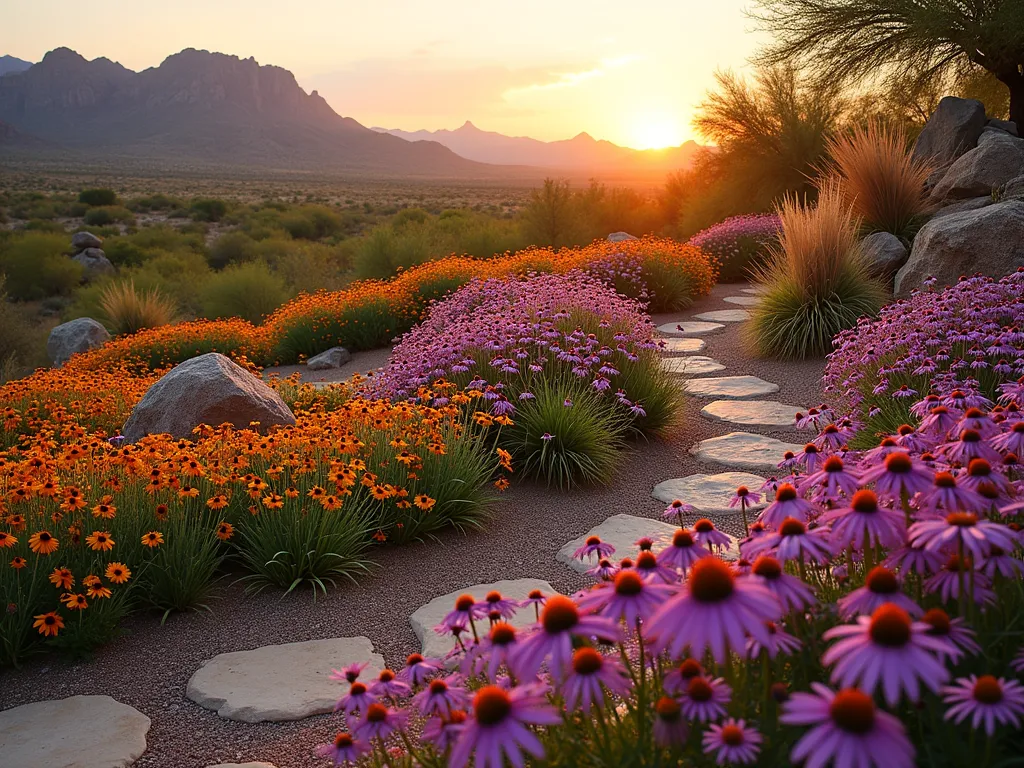 Desert Color Waves Garden - A captivating wide-angle DSLR photograph of a flowing desert garden at golden hour, featuring graceful waves of Purple Coneflower, Black-Eyed Susan, and orange Butterfly Weed creating natural movement patterns across a gentle slope. The drought-resistant flowers cascade in alternating bands of purple, yellow, and orange, backlit by warm sunlight that highlights their silhouettes. Natural stone pathways weave through the garden, while desert mountains loom in the distant background. The garden is accented with decorative boulders and ornamental grasses that add texture and depth. Shot at f/8 with perfect depth of field, capturing both intricate flower details and the grand desert landscape context.