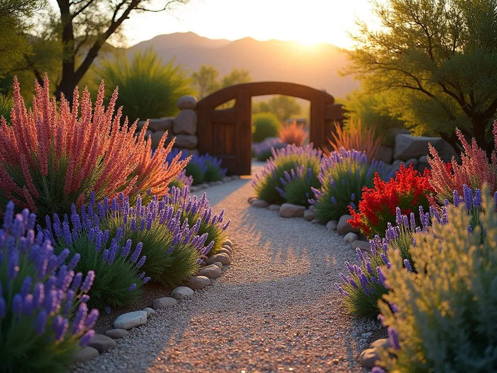 Desert Cottage Garden Path at Sunset - A winding gravel garden path at golden hour, bordered by lush waves of purple Catmint, red Jupiter's Beard, and deep blue Salvia. The drought-resistant cottage garden flowers create a romantic, cottage-core aesthetic while maintaining desert practicality. The path leads to a rustic wooden garden gate, with desert mountains visible in the background. Shot with a wide-angle lens capturing the entire pathway's curve, with the low evening sun casting long shadows and highlighting the silvery foliage of the plants. The composition shows the natural integration of cottage garden style with desert landscape elements, including decorative rocks and ornamental grasses. Photographed with a DSLR camera, f/8 aperture, ISO 100, 1/125 shutter speed, capturing the rich textures and subtle color variations in the golden light.