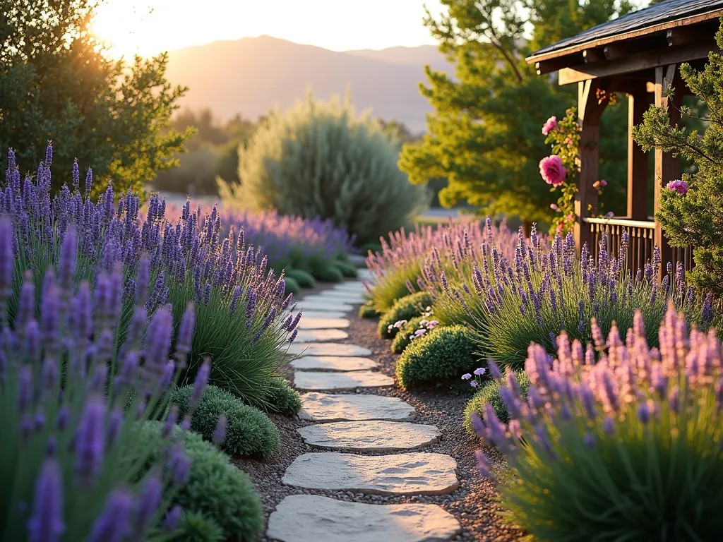 Desert Cottage Garden Oasis - A charming cottage garden path winding through drought-resistant flowering plants in a Utah backyard, captured during golden hour. Russian Sage creates tall purple spires while Lavender and Yarrow form romantic drifts in varying heights. Natural stone pavers lead through the garden, with desert mountains visible in the background. The garden showcases a perfect blend of cottage-style abundance and water-wise design, with weathered wooden trellises supporting climbing roses. Shot with soft, warm lighting highlighting the silvery foliage and delicate flower textures. Wide-angle perspective showing the full garden composition while maintaining intimate garden details. Depth of field captures both foreground blooms and distant landscape.