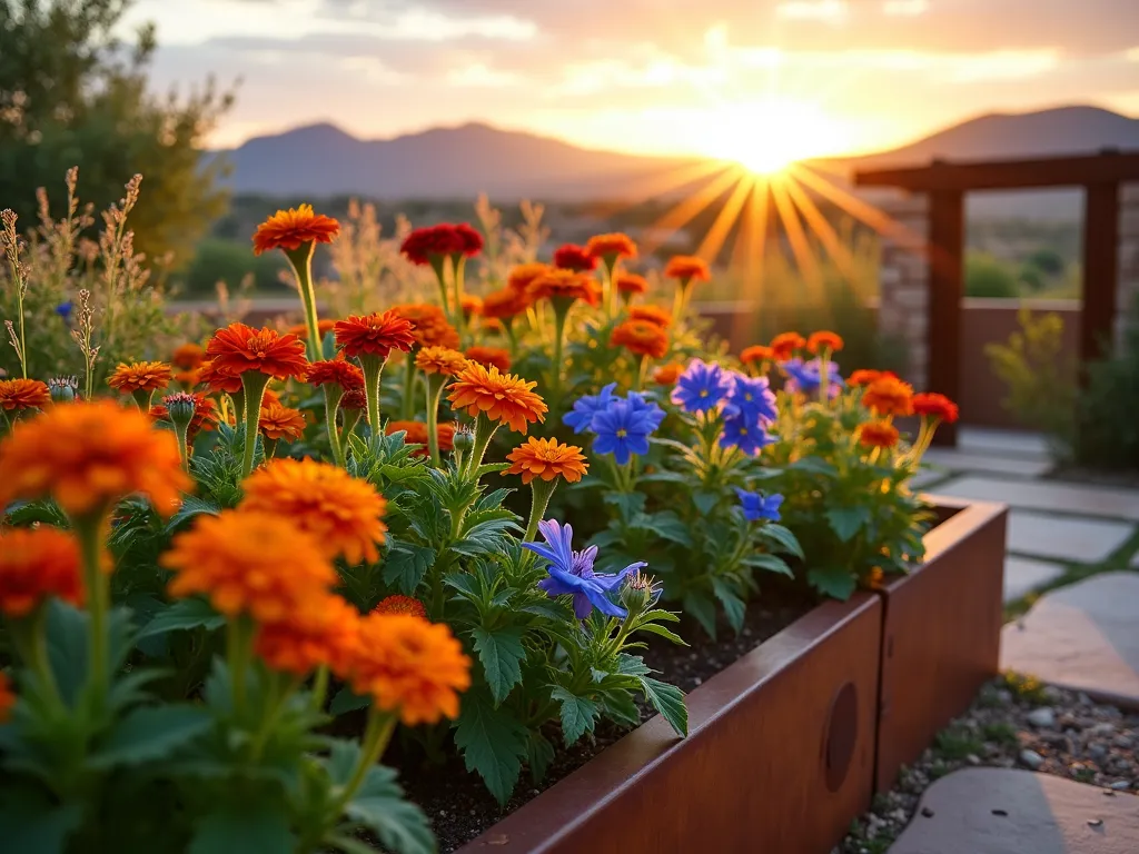 Desert Edible Flower Garden at Golden Hour - A stunning close-up photograph of a vibrant Utah desert garden at golden hour, featuring clusters of orange Calendula, bright red and yellow Nasturtium, and star-shaped blue Borage flowers in full bloom. The garden is arranged in modern raised Corten steel beds on a contemporary patio, with desert mountains visible in the soft evening light background. Shot with shallow depth of field highlighting the edible flowers' delicate details, while desert-adapted ornamental grasses sway in the background. Natural stone pathways weave between the beds, and a rustic wooden garden gate adds character. The warm sunset light catches the fuzzy Borage leaves and creates a magical glow through the translucent Nasturtium petals.