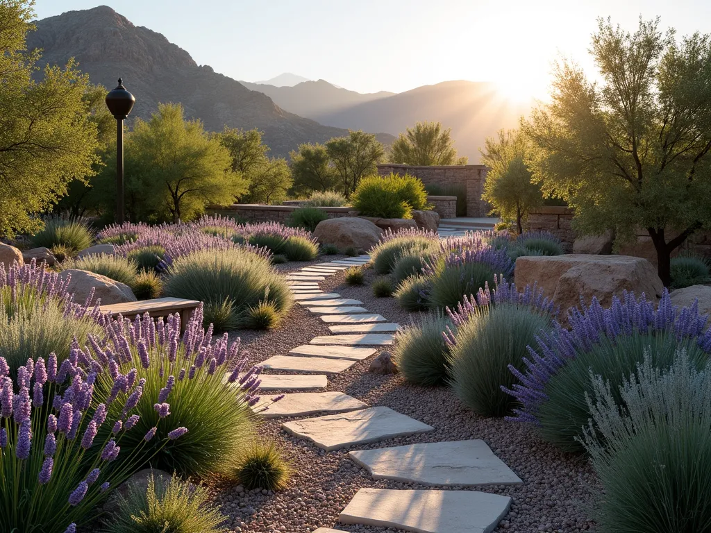 Desert Aromatic Garden at Sunset - A serene desert garden terrace at golden hour, featuring winding paths through clusters of blooming lavender, silver-green sage, and wild mint. Soft evening light casts long shadows across drought-resistant ornamental grasses, while natural rock formations and desert-appropriate hardscaping frame the aromatic plants. The composition includes a rustic wooden bench nestled among the herbs, with Utah's dramatic mountains visible in the background. Low-voltage landscape lighting highlights key plantings, creating a magical atmosphere as dusk approaches. The garden showcases different heights and textures, with lavender's purple spikes contrasting against sage's velvety leaves, all arranged in a naturalistic, flowing design that appears both intentional and wild.