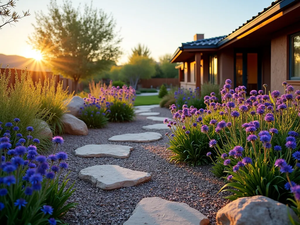 Desert Rain Garden with Strategic Grading - A stunning wide-angle DSLR photograph of a thoughtfully designed desert garden at golden hour, featuring gently sloped terrain that channels rainwater. Natural stone terracing creates subtle catchment areas where clusters of vibrant purple Echinacea and deep blue Baptisia thrive. The garden seamlessly integrates with a modern backyard space, showing desert-adapted perennials in various stages of growth. Soft evening light casts long shadows across the carefully graded landscape, highlighting the textural contrast between the deep-rooted flowering plants and decorative gravel mulch. The composition captures both the architectural elements of the rain-harvesting design and the natural beauty of drought-resistant blooms, shot at f/8 for optimal depth of field, showcasing the garden's ability to maximize natural rainfall in the Utah climate. Weathered cor-ten steel edging defines the planted areas, while strategic boulders create micro-climates for moisture retention.