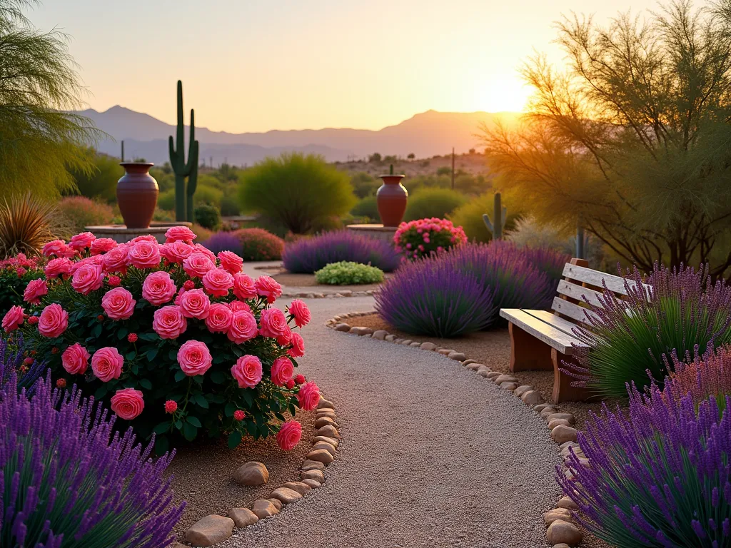 Desert Rose Garden Oasis - A breathtaking wide-angle DSLR photo of a desert-style garden at golden hour, featuring clusters of vibrant pink Knock Out roses in full bloom against a backdrop of purple salvias and lavender. The garden, photographed at f/8 with natural lighting, showcases a harmonious blend of drought-resistant plants arranged in gentle curves. Desert-adapted ornamental grasses sway in the background, while decomposed granite pathways wind through the garden. Terra cotta containers accent the space, and a rustic wooden bench provides a focal point. The garden is bordered by natural stone edging, with desert mountains visible in the distant horizon, creating a serene desert oasis atmosphere.