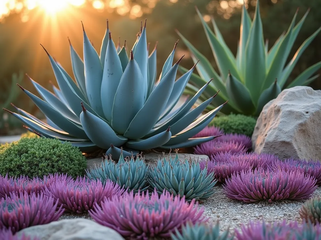 Desert Succulent Art Garden - A stunning close-up photograph of an artistically arranged desert garden featuring sculptural succulents at golden hour. Large, blue-gray Agave americana forms a dramatic centerpiece, surrounded by cascading purple and green Sempervivum (Hen-and-Chicks) and sprawling carpets of iridescent pink Ice Plant (Delosperma). The plants are arranged among weathered desert rocks and pale gravel, creating natural levels and geometric patterns. Soft, warm sunlight filters through the leaves, highlighting their architectural forms and casting gentle shadows. Shot with a DSLR camera at f/8, ISO 100, 1/125s, capturing the intricate details and textures of each succulent while maintaining the composition's artistic desert garden aesthetic.