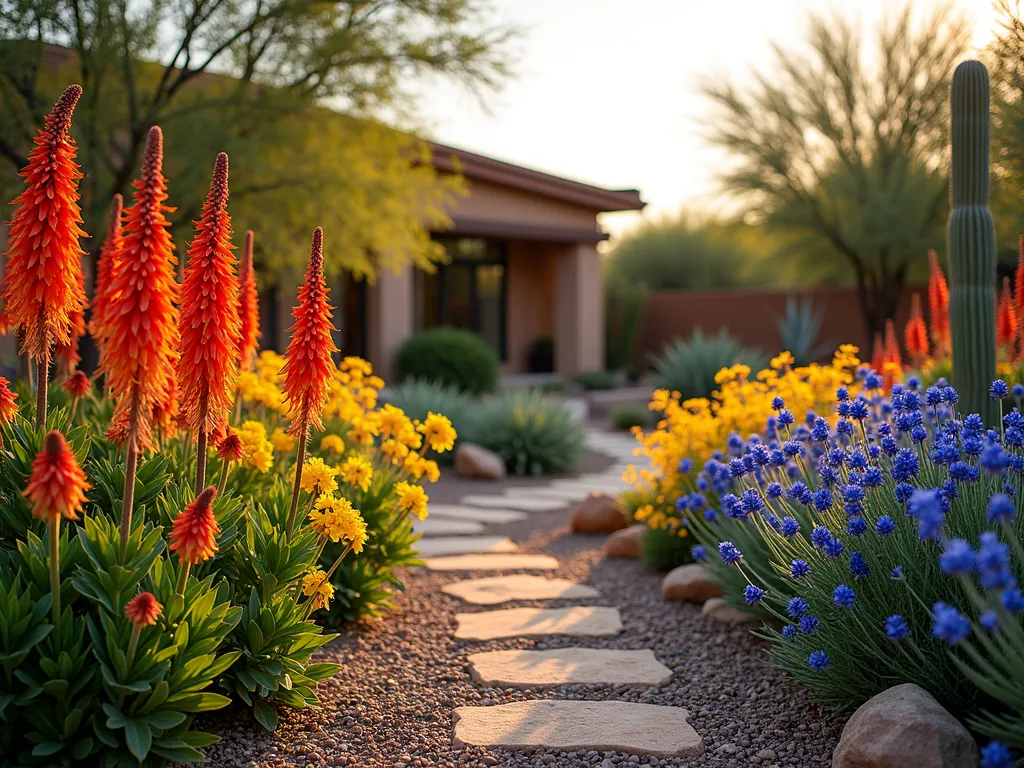 Desert Sunset Garden Symphony - A breathtaking wide-angle shot of a desert garden at golden hour, featuring a stunning composition of drought-resistant flowers in vibrant southwestern colors. In the foreground, tall Red Hot Poker plants (Kniphofia) rise like flames with their orange-red spikes against a natural stone backdrop. Delicate Yellow Columbine flowers dance in the middle ground, their distinctive spurred blooms catching the warm evening light. Masses of ethereal Blue Flax flowers create a cooling contrast in the background, their azure petals swaying gently in the desert breeze. The garden is thoughtfully landscaped with desert-appropriate hardscaping, including weathered sandstone paths and decorative gravel. Natural rock formations and a few carefully placed desert succulents complete the scene. The composition is professionally photographed with a DSLR camera, the f/8 aperture capturing rich detail from the intricate flower petals to the textured landscape, while the golden sunset light dramatizes the bold color palette. The garden seamlessly integrates with a visible modern southwestern-style patio in the background, creating a cohesive desert oasis design.