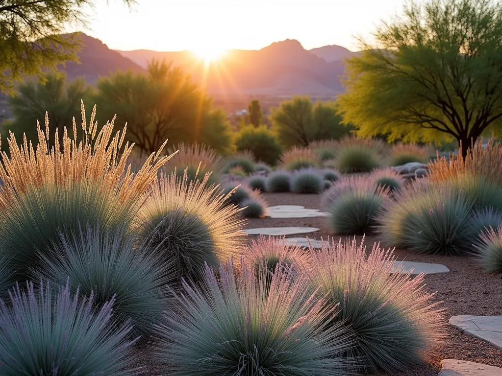 Desert Texture Garden with Silvery Foliage - A serene desert garden landscape at golden hour, photographed with a wide-angle lens showcasing multiple layers of textural plants. In the foreground, large swaths of silvery Lamb's Ear create a soft, velvety carpet, contrasting with the upright, feathery plumes of purple-tinged ornamental grasses catching the warm light. Artemisia 'Silver Mound' adds spherical silver shapes throughout, while desert-adapted ornamental grasses create movement and depth. Natural stone pathways wind through the garden, and distant red Utah mountains provide a dramatic backdrop. The garden is accented with weathered cedar raised beds and copper-toned garden art, photographed at f/2.8 with beautiful bokeh effect highlighting the textural elements.