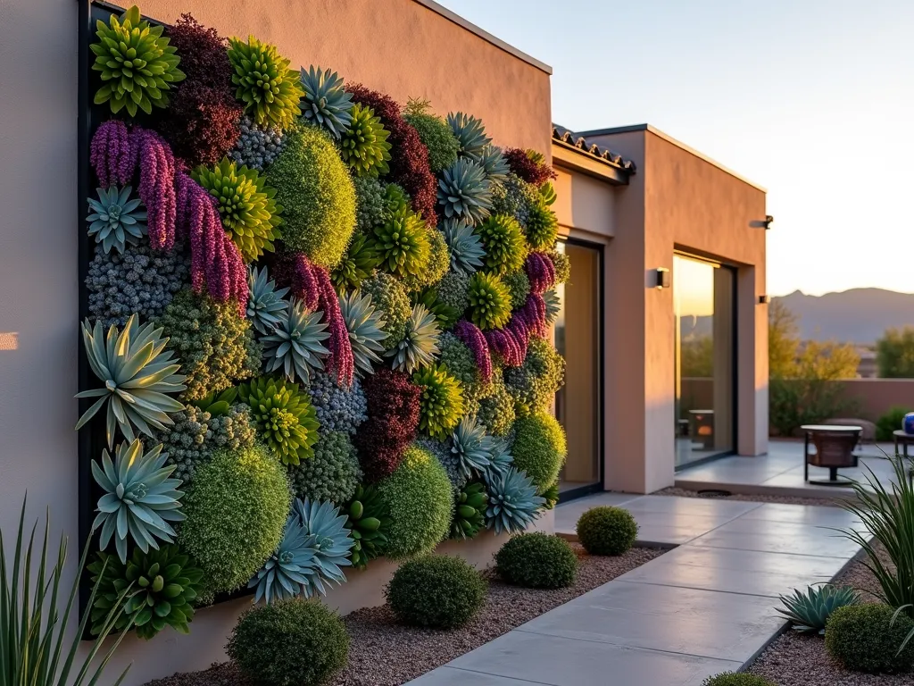 Desert Living Wall Garden - A stunning vertical garden wall at sunset, mounted on a modern stucco home in Utah. The living wall features a mesmerizing arrangement of drought-resistant succulents in varying shades of green, blue, and burgundy. Cascading purple and pink trailing Petunias add flowing movement, while geometric patterns of Sedum and Sempervivum create a modern tapestry effect. Golden evening light casts dramatic shadows across the textured plant surface, highlighting the dimensional nature of the installation. The 8-foot-tall living wall is flanked by desert-appropriate landscaping and contemporary outdoor furniture, photographed from a slight upward angle to emphasize its architectural impact. High-end residential setting with mountain views in background slightly blurred.