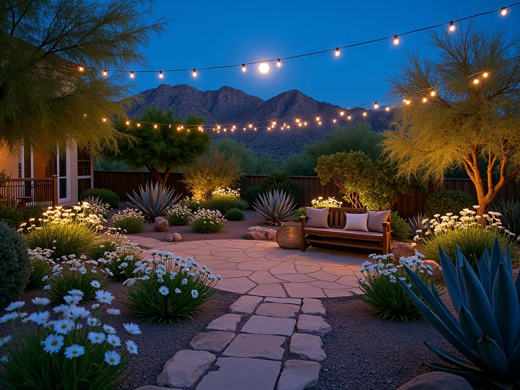 Enchanting Desert Moon Garden at Twilight - A serene desert backyard garden at twilight, illuminated by a full moon. White Evening Primrose, Moon Flowers, and White Gaura bloom ethereally, their petals glowing in the moonlight. Stone pathways wind through the garden, bordered by desert-adapted foliage. Soft landscape lighting casts gentle shadows, while string lights draped overhead create a magical atmosphere. A rustic wooden bench sits in a cozy corner, perfect for evening contemplation. The garden is accented with silver-leafed desert plants and decorative rocks, creating depth and texture in the nocturnal scene. Shot with a wide-angle lens capturing the entire garden space, with the dramatic desert mountains silhouetted in the background. DSLR settings: f/8, ISO 100, 1/125