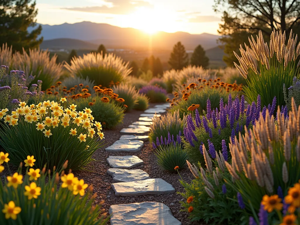 Four-Season Desert Garden Symphony - A stunning wide-angle panorama of a meticulously designed Utah garden at golden hour, showcasing distinct seasonal zones flowing seamlessly together. In the foreground, early spring tulips and daffodils emerge alongside blooming purple asters, while mature ornamental grasses catch the warm light with their swaying plumes. Mid-ground features drought-tolerant Russian Sage and Black-Eyed Susans in full summer glory, complemented by structured evergreen shrubs providing year-round foundation. Background shows architectural seed heads of Echinacea and tall Karl Foerster grasses creating winter interest. Natural stone pathways weave through the garden, with desert mountains visible in the distance. Shot with soft, directional lighting at f/2.8, creating a dreamy bokeh effect while maintaining sharp detail in the focal points. 16mm perspective captures the grand scale while emphasizing the garden's layered design.