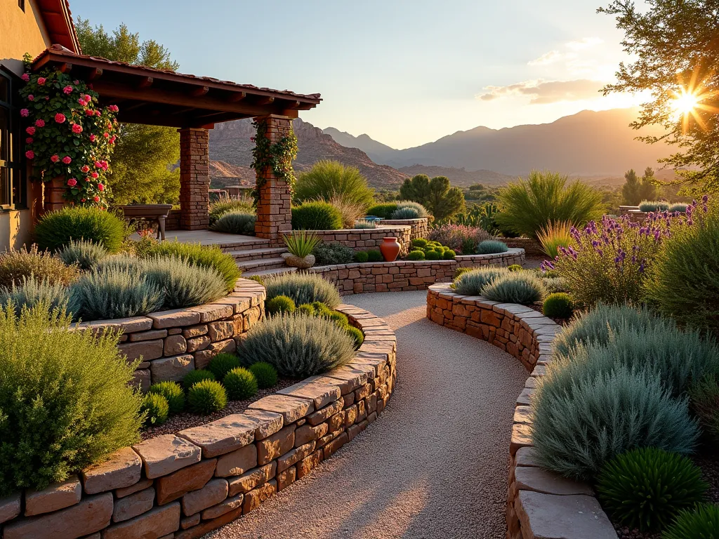 Sunset Mediterranean Herb Garden in Utah Landscape - A stunning wide-angle shot of a terraced Mediterranean-style garden at golden hour, featuring multiple levels of drought-resistant plants. Stone retaining walls create distinct garden zones filled with silvery-green sage bushes, flowering oregano, and dramatic purple Globe Thistle. Terra cotta pots and weathered urns accent the corners, while gravel pathways wind through the garden. A rustic wooden pergola draped with climbing roses provides shade, and a small bubbling fountain adds a peaceful Mediterranean touch. The warm sunset light casts long shadows across the textured landscape, highlighting the various heights and textures of the herbs and flowering plants against the backdrop of Utah's mountains.