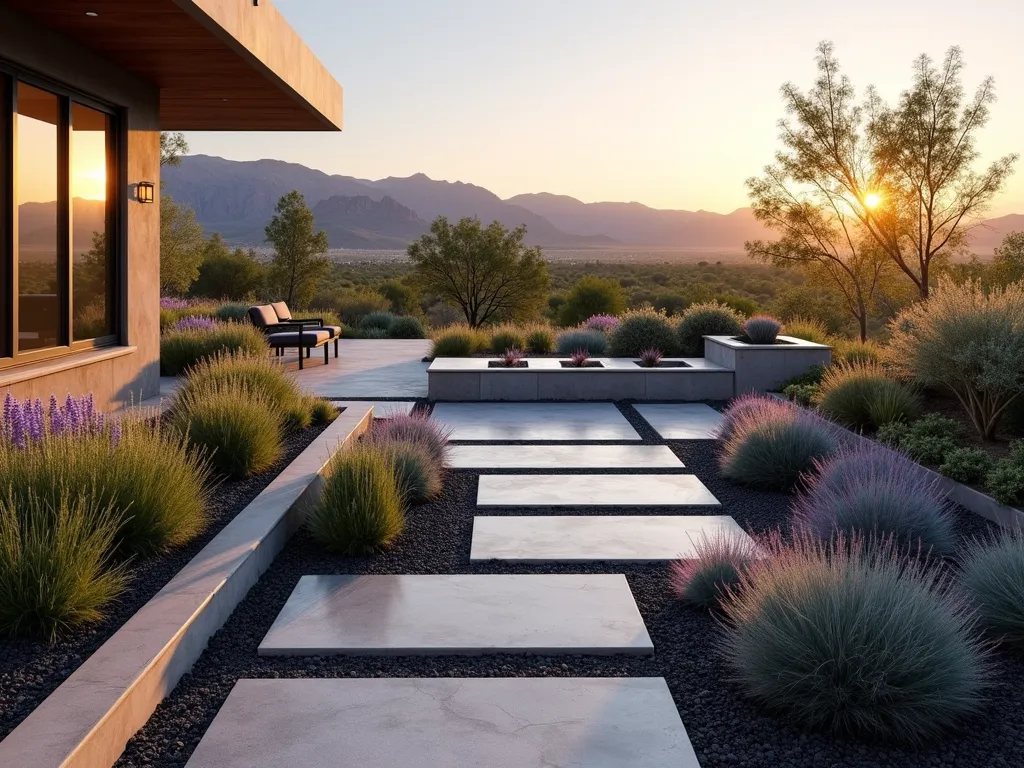 Contemporary Desert Garden with Modern Xeriscaping - A stunning modern xeriscape garden at sunset, featuring clean geometric patterns with brushed steel edging separating different sections. Drought-resistant ornamental grasses sway gracefully in the foreground, while clusters of vibrant purple Desert Four O'Clock flowers provide pops of color. Silver-gray Ghost Plants create striking geometric patterns against black decorative gravel. Large rectangular concrete pavers create a modern pathway through the garden, their sharp lines contrasting with the soft desert plantings. Angular Cor-ten steel planters add architectural interest, while LED ground lighting highlights the garden's contemporary design. Wide-angle shot capturing the entire geometric layout with Utah's mountains silhouetted in the background, golden sunset light casting long shadows across the minimalist landscape design. Photorealistic, high detail, architectural photography style.