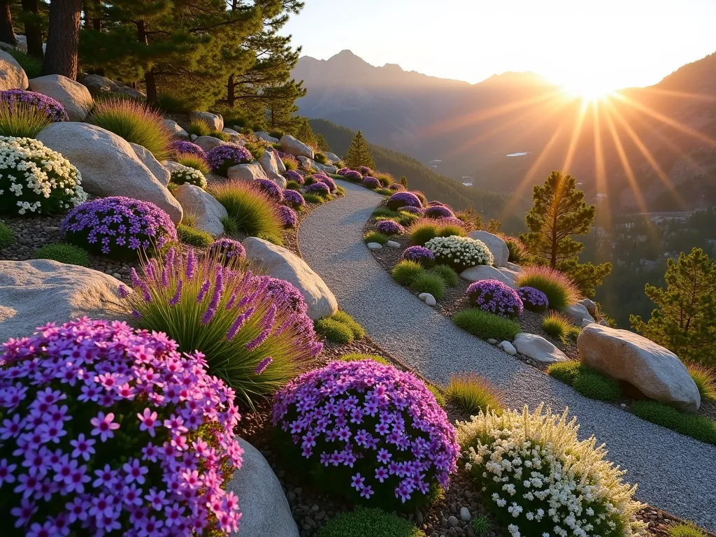 Serene Rocky Mountain Alpine Garden at Sunset - A stunning terraced alpine garden photographed during golden hour, featuring clusters of vibrant Rock Cress, purple Creeping Phlox, and delicate Alpine Aster cascading over natural limestone rock formations. The garden is set against a modern Utah home's backdrop, with strategically placed granite boulders creating multiple levels. Small gravel pathways wind through the garden, while drought-resistant groundcover fills the spaces between rocks. Shot with a wide-angle perspective at f/2.8, capturing the warm sunset light illuminating the purple and white blooms, creating long shadows across the rocky terrain. The composition shows careful placement of plants in rocky crevices, mimicking their natural high-altitude habitat, with the Wasatch Mountains visible in the soft-focused background.