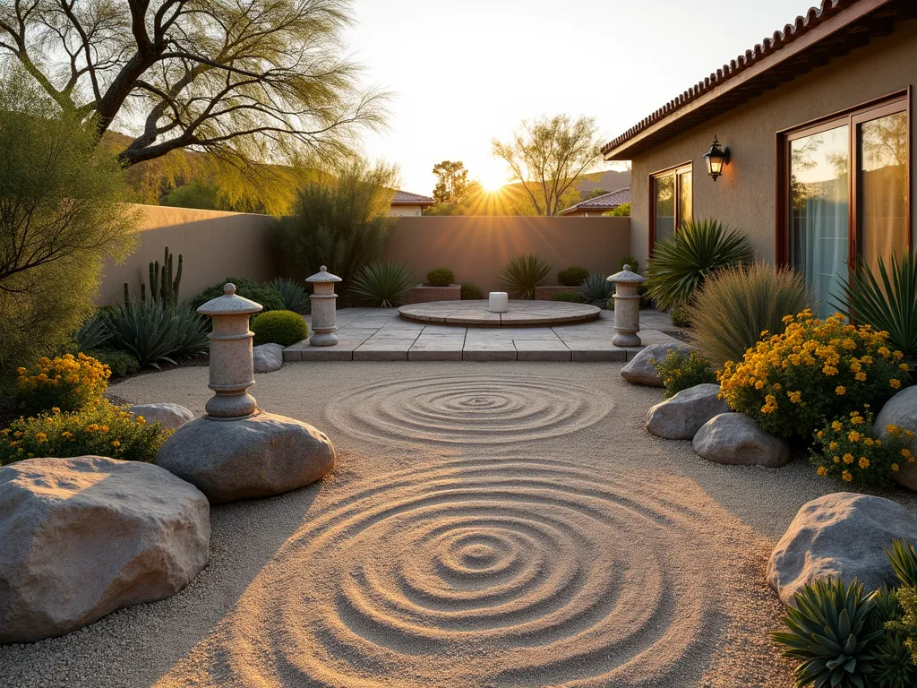 Tranquil Desert Zen Garden at Dusk - A serene backyard desert zen garden captured at dusk with soft, golden light. Wide-angle shot showcasing a harmonious blend of Asian and desert elements. In the foreground, rhythmic patterns in light-colored gravel create concentric circles around weathered boulder formations. Yellow Evening Primrose and golden Desert Marigolds bloom in naturalistic clusters among tall, swaying ornamental fountain grasses. Traditional Japanese stone lanterns cast long shadows across the space. The background features a simple wooden meditation deck surrounded by strategically placed desert-adapted plants. Clean lines and negative space emphasize the minimalist design, while the setting sun creates a warm, peaceful ambiance. Shot with a digital camera, 16-35mm lens at f/2.8, ISO 400, capturing the ethereal quality of desert meditation space.