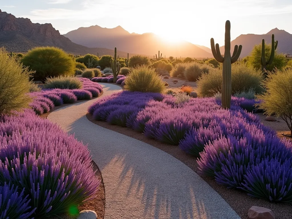 Desert Hedge Garden at Sunset - A wide-angle shot of a stunning high-desert garden at sunset, featuring a natural flowing hedge of silvery Russian Sage in full bloom creating a dramatic purple wave, interspersed with golden Rabbitbrush and the unique vertical lines of Mormon Tea. The hedge follows a curved pathway, with desert mountains in the background casting long shadows. The plants are artistically arranged in varying heights, creating depth and structure. Desert-appropriate gravel mulch and scattered sandstone rocks complete the landscape. The warm evening light catches the silvery foliage, creating an ethereal glow across the garden, while architectural desert plants cast interesting shadows on the ground.