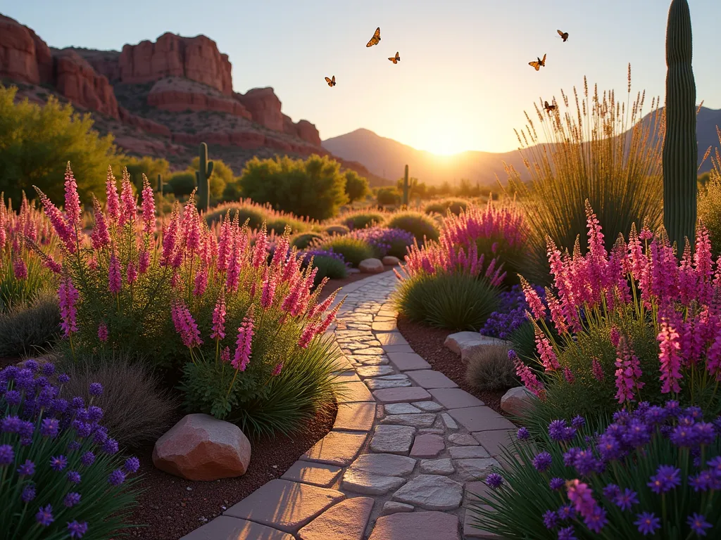 Desert Pollinator Garden at Sunset - A stunning wide-angle photograph of a vibrant Utah desert garden at golden hour, captured with a 16-35mm lens at f/2.8. Clusters of magenta Jupiter's Beard, purple Bee Balm, and lavender Butterfly Bush create a colorful tapestry against rustic desert landscaping. The setting sun casts long shadows across a natural stone pathway winding through the garden. Multiple butterflies and bees hover over the blooms, caught in motion by the camera's perfect timing. Desert-adapted ornamental grasses sway in the background, while red rock formations provide a dramatic Utah backdrop. Natural wood garden benches invite quiet observation of the pollinators at work. The garden showcases thoughtful xeriscaping principles while maintaining a lush, abundant feel.