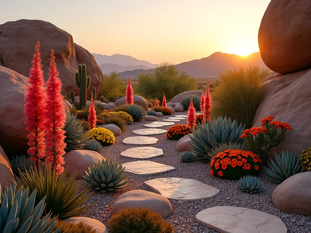 Utah Desert Rock Garden with Sunset Glow - A stunning desert rock garden at sunset, featuring a harmonious blend of smooth river rocks and rugged boulders in warm earth tones. Red Yucca plants rise dramatically between the rocks, their coral-pink flower stalks reaching skyward. Desert Marigolds create vibrant yellow clusters while Blanket Flowers add bursts of red and orange. Carefully arranged succulents in various sizes nestle among the rocks, their sculptural forms casting dramatic shadows in the golden hour light. A natural stone pathway winds through the garden, with decomposed granite adding texture. The background shows distant Utah mountains, with the garden occupying a beautifully landscaped front yard. Photorealistic, high detail, warm evening lighting, wide-angle perspective capturing the entire garden composition.