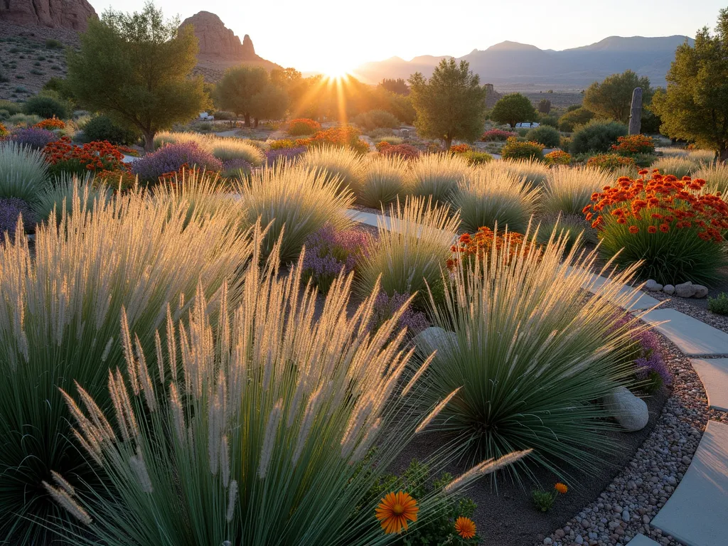 Utah High-Desert Prairie Garden at Sunset - A stunning wide-angle photograph of a naturalistic high-desert prairie garden in Utah at golden hour. Swaying Little Bluestem grasses create a silver-blue haze in the foreground, while clusters of vibrant Mexican Hat flowers and Prairie Coneflowers add splashes of rusty red and purple throughout. The garden is thoughtfully arranged in sweeping drifts across a gently sloping backyard, with desert mountains visible in the background. Warm sunset light filters through the tall grasses, creating a magical ethereal glow. The garden is bordered by natural stone pathways and includes scattered boulder accents. Shot with a digital camera at 16mm, f/2.8, ISO 400, capturing the rich golden light and depth of the prairie landscape.