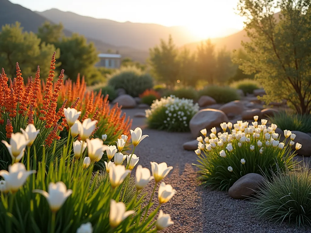 Desert Sunrise Native Utah Garden - A serene early morning garden scene showcasing a natural rock-bordered flowerbed filled with native Utah plants. In the foreground, delicate white Sego Lilies sway in the gentle breeze, their cup-shaped blooms catching the golden sunrise light. Vibrant clusters of red-orange Desert Paintbrush create stunning focal points throughout the bed, while Utah Serviceberry shrubs with their soft white spring blossoms provide height and structure in the background. Natural stone pathways wind through the garden, complemented by weathered boulder accents and fine desert gravel mulch. The garden design follows organic curves, mimicking the natural desert landscape. Morning dew glistens on the foliage, and distant Utah mountains provide a majestic backdrop. The composition includes drought-tolerant groundcovers and occasional bunch grasses for texture, creating a harmonious blend of native species in a residential garden setting. Photorealistic, soft morning lighting, depth of field focus.