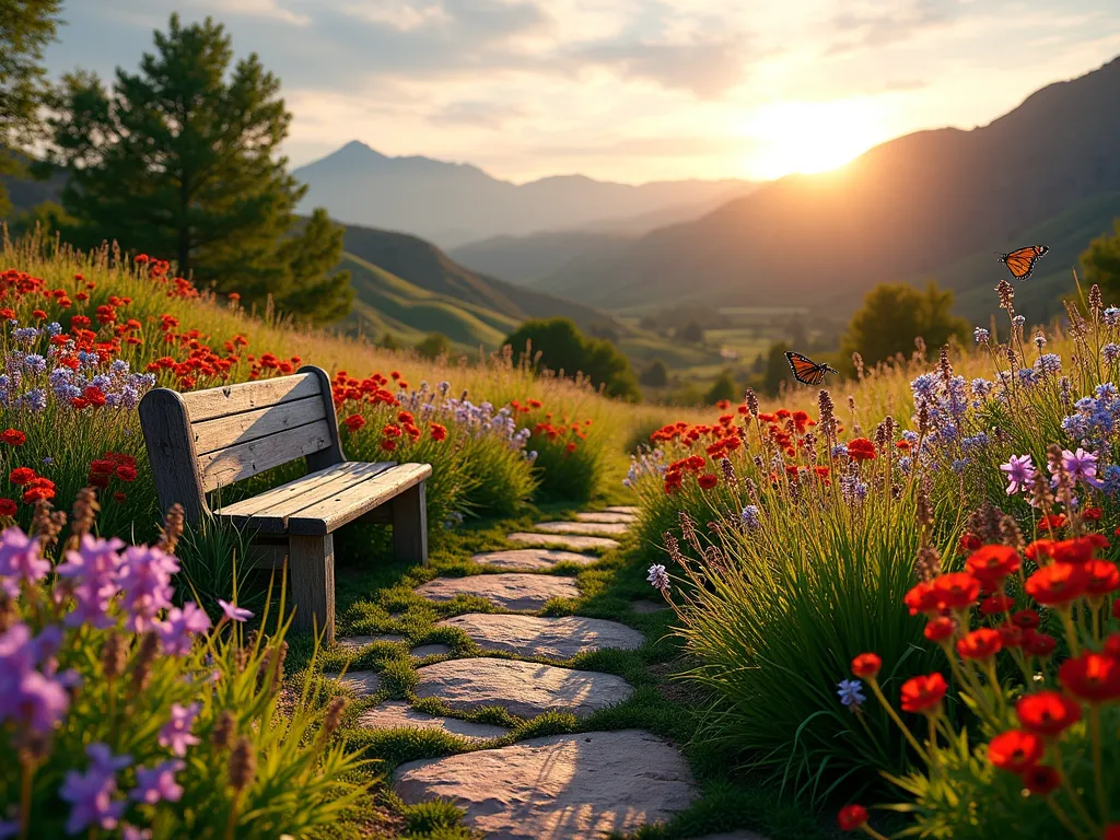 Utah Native Wildflower Garden at Sunset - A stunning wide-angle photograph of a natural wildflower meadow garden in Utah at golden hour, captured with a 16-35mm lens at f/2.8. Vibrant patches of purple Penstemons, red Firecracker flowers, and delicate blue-white Rocky Mountain Columbines create a natural, meadow-like tapestry across a gently sloping backyard. The low-angle sunlight casts long, warm shadows across the garden, highlighting the natural movement of the flowers in the breeze. Native grasses intersperse the wildflowers, adding texture and depth. In the foreground, a natural stone pathway winds through the meadow, while butterflies and bees hover over the blooms. The background features distant Utah mountains, creating a seamless connection between the garden and the natural landscape. A rustic wooden bench sits nestled among the flowers, providing a peaceful viewing spot.