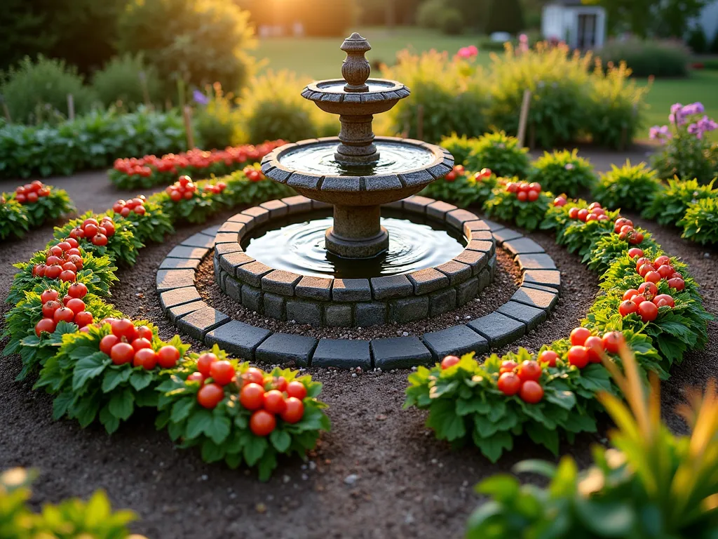 Circular Garden Paradise with Ornate Stone Fountain - A stunning wide-angle photograph of a circular vegetable garden at golden hour, captured with a 16-35mm lens at f/2.8. Concentric rings of colorful crops radiate outward from an ornate stone fountain centerpiece. The innermost circle features a weathered stone fountain with water cascading into a round basin, surrounded by a cobblestone path. The second ring showcases vibrant red tomatoes and purple eggplants, followed by rings of golden corn stalks, leafy green lettuce, and rainbow chard. The outer circle contains flowering herbs and edible flowers. Low evening sunlight casts long shadows across the geometric pattern, highlighting the texture of the plants and stone work. Rustic wooden garden stakes and natural twine support the climbing plants, while crushed gravel pathways separate each ring. Background shows blurred cottage garden borders with wildflowers.