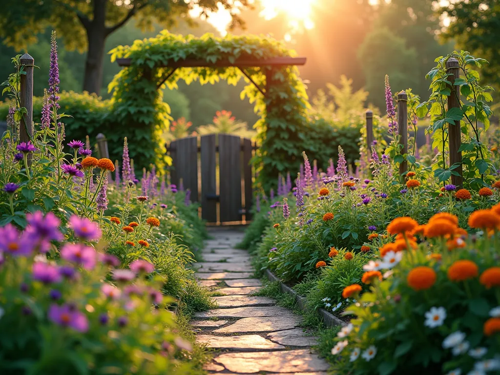 Cottage Garden Vegetable and Flower Integration - A DSLR wide-angle shot of a charming cottage garden at golden hour, featuring a harmonious blend of vegetables and flowers. In the foreground, vibrant purple cosmos and orange marigolds intertwine with leafy rainbow chard and climbing pole beans on rustic wooden trellises. Natural stone pathways wind through raised garden beds where companion planted tomatoes flourish alongside tall purple delphiniums and white daisies. Weathered wooden garden stakes support flowering pea vines mixed with climbing roses. Soft evening sunlight filters through the foliage, creating a dreamy, enchanted atmosphere with gentle bokeh effects. The garden showcases thoughtful companion planting with lavender borders protecting vegetable rows, while butterfly-attracting zinnias add splashes of color throughout. A vintage wooden garden gate covered in morning glories frames the scene.