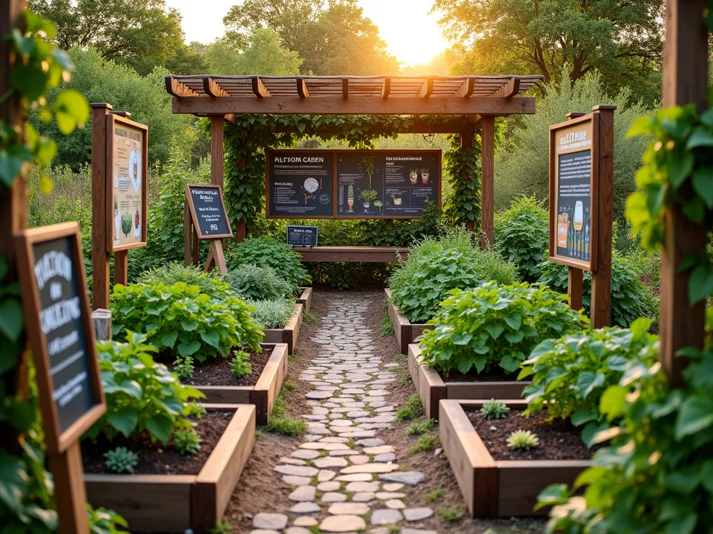 Educational Garden Display with Labels - A well-organized educational garden layout photographed at golden hour, featuring neatly arranged raised beds with clearly labeled sections for different vegetables and herbs. Custom wooden signs with educational information stand beside each crop section. The garden includes demonstration areas with step-by-step growing stages displayed. A rustic wooden pergola frames the background, draped with climbing vegetables. Small chalkboard signs provide planting tips, while vintage-style botanical illustrations decorate the information stands. A charming cobblestone pathway weaves between the garden beds, leading to a central teaching area with wooden benches. The scene is captured with warm, natural lighting highlighting the educational elements and lush greenery, shot at f/8 for optimal detail and depth.