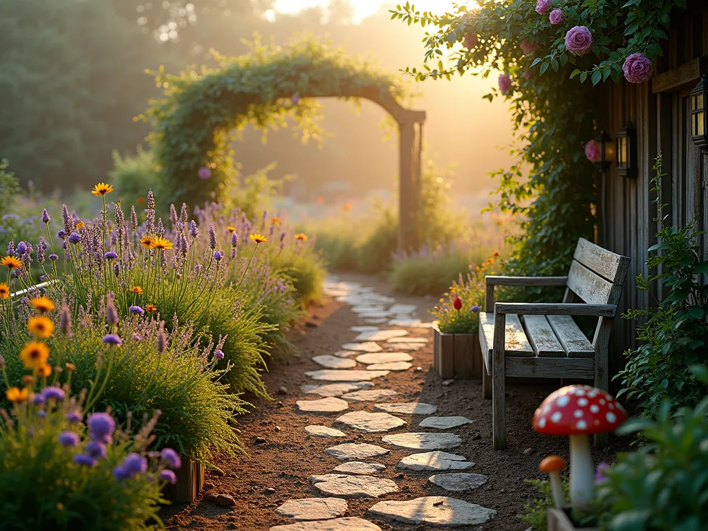 Enchanted Cottage Garden Farm at Dawn - A dreamy wide-angle photograph of a charming cottage garden farm at dawn, captured with a 16-35mm lens at f/2.8, ISO 400. Golden morning light filters through a misty atmosphere, illuminating a winding dirt path lined with wild cosmos, lavender, and scattered wooden crates of heirloom vegetables. Rustic wooden furniture including a weathered bench and vintage farmhouse table adorns the space. Whimsical red and white spotted mushrooms dot the pathway edges, while custom stone patterns create a fairy-tale atmosphere. The garden features a mix of organized vegetable plots and naturally scattered wildflowers, creating a balanced cottagecore aesthetic. Morning dew glistens on the foliage, and climbing roses cascade over a rustic wooden arch in the background.