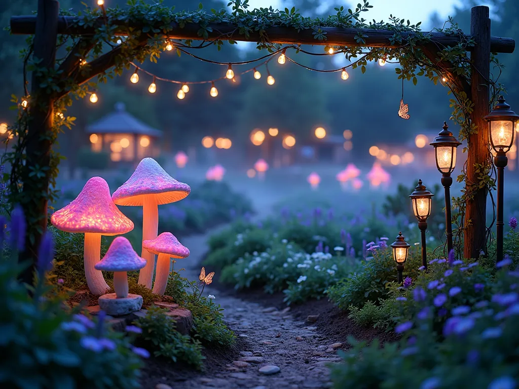 Enchanted Fairy Garden Farm at Twilight - A magical twilight garden scene captured with a wide-angle lens, showing a whimsical fairy-tale inspired farm garden. Giant luminescent mushrooms in pastel blues and pinks glow softly among neat rows of mystical crops. Custom-designed crop circles made from glowing stones and fairy lights create intricate patterns in the garden beds. Delicate string lights hang between vintage lamp posts, casting a warm golden glow. Crystal garden decorations and iridescent butterflies scatter light across the scene. In the foreground, a rustic wooden arch covered in climbing moonflowers frames the view, while illuminated garden pathways wind through the magical growing areas. Ethereal mist hovers just above the ground, creating a dreamy atmosphere. The scene is perfectly composed with a shallow depth of field highlighting the magical elements.