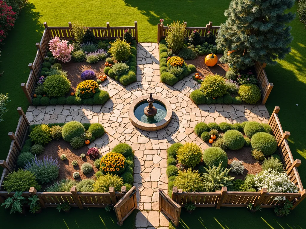 Four Seasons Garden Paradise - A stunning aerial view of a meticulously divided square garden plot, photographed at golden hour with DSLR wide-angle lens. The garden is split into four equal quadrants, each representing a different season: Spring section blooms with cherry blossoms and tulips; Summer quadrant bursts with sunflowers and lavender; Autumn area features pumpkin patches and chrysanthemums; Winter section glistens with frost-covered evergreens and white hellebores. Stone pathways intersect the sections, meeting at a central decorative fountain. Rustic wooden fences separate each seasonal area, with matching garden gates and weathered arbors. Vintage farming tools and seasonal decorations adorn each section, while string lights drape overhead. Natural sunlight casts long shadows across the textured landscape, f/8, ISO 100, 1/125s exposure.