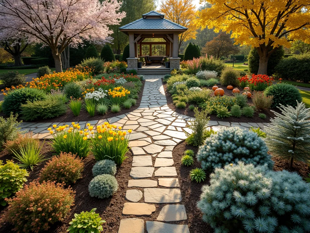 Four Seasons Garden Quadrant - A stunning wide-angle photograph of a meticulously divided garden space showcasing four distinct seasonal quadrants. In the spring section, cherry blossoms and tulips bloom alongside sprouting vegetables. The summer quadrant bursts with vibrant sunflowers and lush tomato plants. The fall section features golden maple trees and pumpkin patches with rust-colored decorative grasses. The winter quadrant sparkles with frost-covered evergreens and white berry bushes. Each section is separated by rustic stone pathways that intersect in the center, where a weathered wooden gazebo stands. The late afternoon golden hour light casts long shadows across the landscape, highlighting the temporal transitions between seasons. Shot with a DSLR camera at f/8, ISO 100, capturing the rich textures and natural lighting that emphasizes the distinct character of each seasonal space.