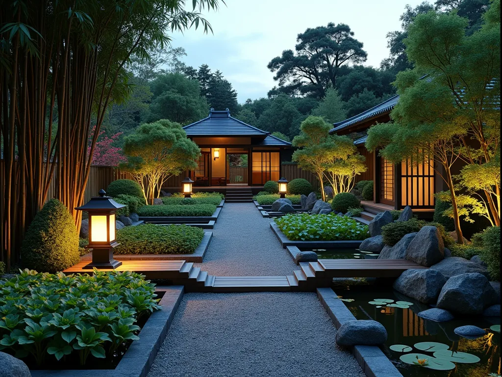 Serene Japanese Zen Garden Farm at Dusk - A stunning wide-angle shot of a Japanese-inspired backyard zen garden farm at dusk. Ancient stone lanterns cast a warm glow across meticulously arranged raised vegetable beds bordered by smooth river stones. Tall black bamboo creates natural divisions, while a winding gravel path leads through terraced rice paddies. Wooden bridges cross small water features filled with water lilies. Traditional bamboo fences and partitions create sectioned growing areas. The garden features perfectly spaced rows of tea plants and vegetables, interspersed with ornamental cherry blossom trees and Japanese maples. Stone pagodas and moss-covered rocks add architectural interest. Soft evening light filters through the bamboo, creating peaceful shadows across the meditative space. Professional photography with perfect exposure, stunning depth of field, and crystal-clear details. 8K resolution, photorealistic, architectural photography