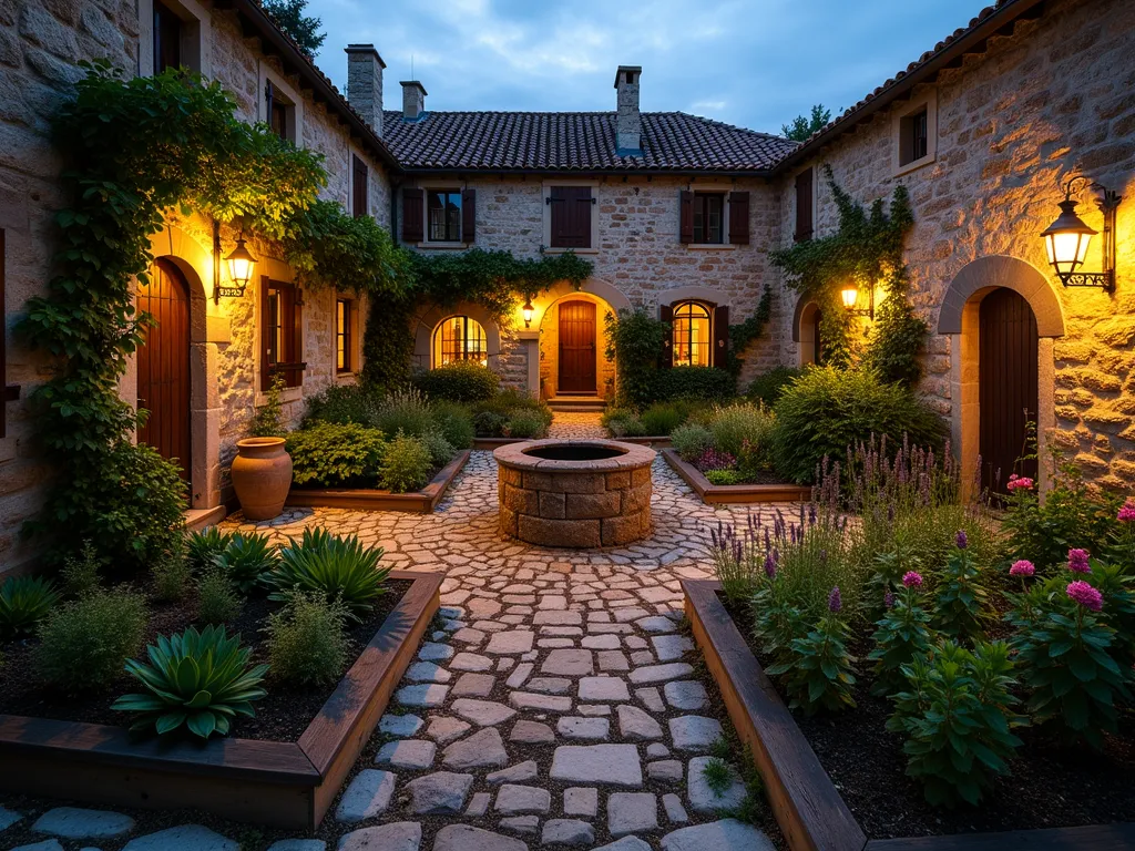 Medieval Stone-Walled Farm Garden - A wide-angle twilight photograph of a rustic medieval-style garden farm, captured with a 16-35mm lens at f/2.8, ISO 400. Ancient stone walls frame geometric planting beds filled with vegetables and herbs. A cobblestone courtyard forms the centerpiece, featuring a weathered stone well. Wooden garden archways covered in climbing roses connect different garden sections. Rustic wooden fences and gates with iron hardware separate cultivation areas. Flickering lanterns cast warm light on the weathered stonework. Heritage vegetables grow in raised beds bordered by lavender and thyme. The composition creates depth through leading lines of stone paths disappearing into the dusky background. Medieval-inspired decorative elements like ceramic pots and wooden barrels add authenticity. Golden evening light emphasizes the textural details of the stone walls and wooden structures.