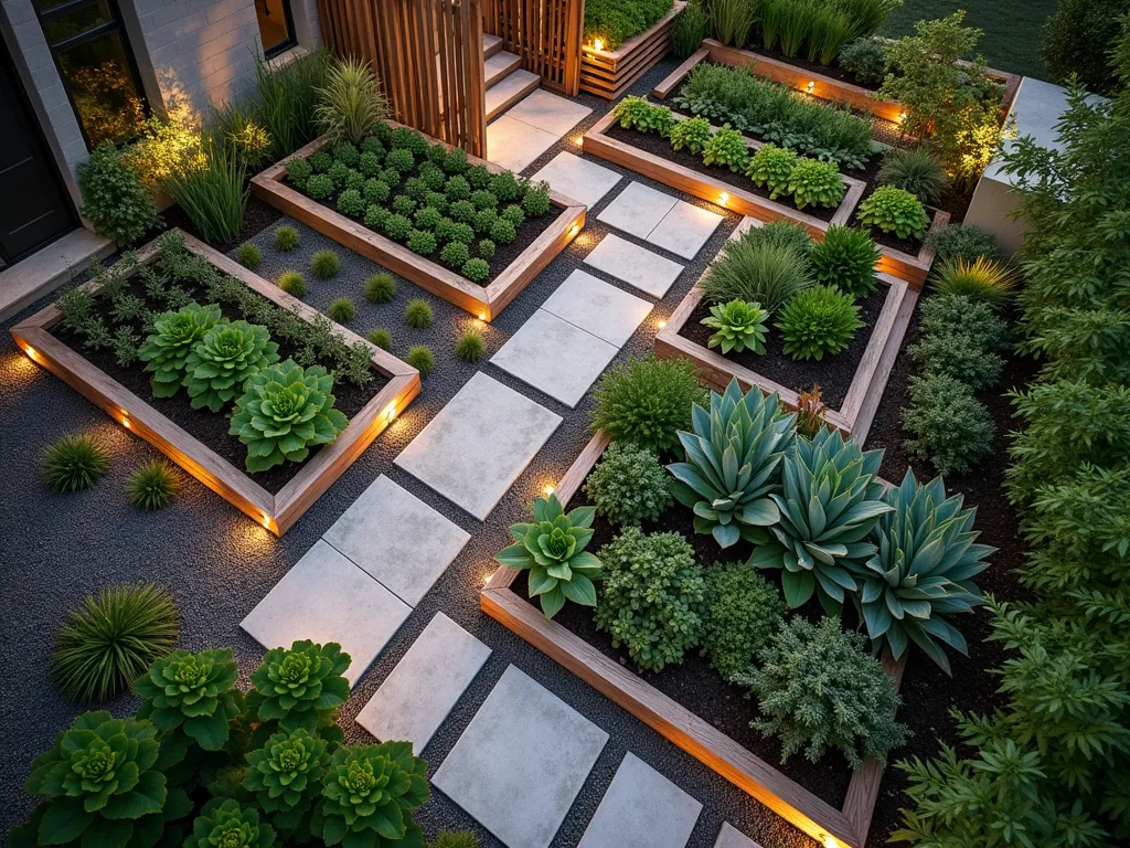 Modern Diagonal Garden Pattern - A stunning aerial perspective of a modern residential vegetable garden featuring diagonal planting patterns at dusk. Raised garden beds arranged in a striking 45-degree angle pattern, filled with alternating rows of various crops. Natural stone pathways intersect the beds, creating geometric patterns. LED ground lighting illuminates the pathways, casting a warm glow across the garden. The beds are bordered by weathered cedar edging, with ornamental grasses softening the corners. A modern pergola structure frames one edge, while copper garden stakes add vertical interest. The composition showcases a harmonious blend of structure and organic elements, photographed in golden hour lighting with long shadows emphasizing the diagonal design.