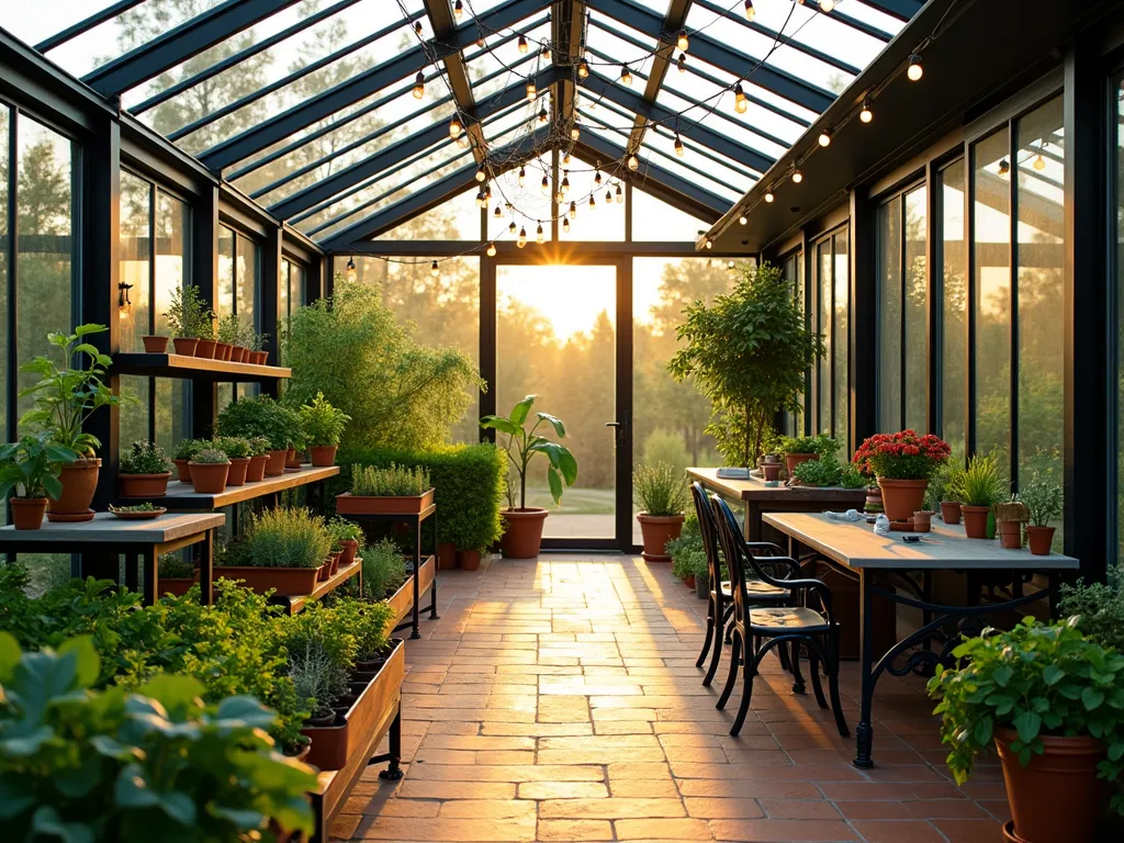 Modern Greenhouse Farm Sanctuary - A sophisticated modern greenhouse complex in a lush garden setting, captured during golden hour. The structure features sleek glass panels with black metal framing, surrounded by neat rows of vegetables and herbs. Inside, vertical hydroponic systems line the walls, while ornate potted plants occupy wooden display stands. Custom terracotta tiles create organized pathways between cultivation areas. Vintage-style garden furniture including a wrought iron table and chairs creates a charming work area. String lights drape across ceiling beams, casting a warm glow. The scene is photographed from a wide angle, slightly elevated perspective, capturing both the interior and exterior integration, with soft sunlight filtering through the glass panels. Professional DSLR photo with perfect exposure and depth of field, showcasing the harmonious blend of modern architecture and traditional farming.