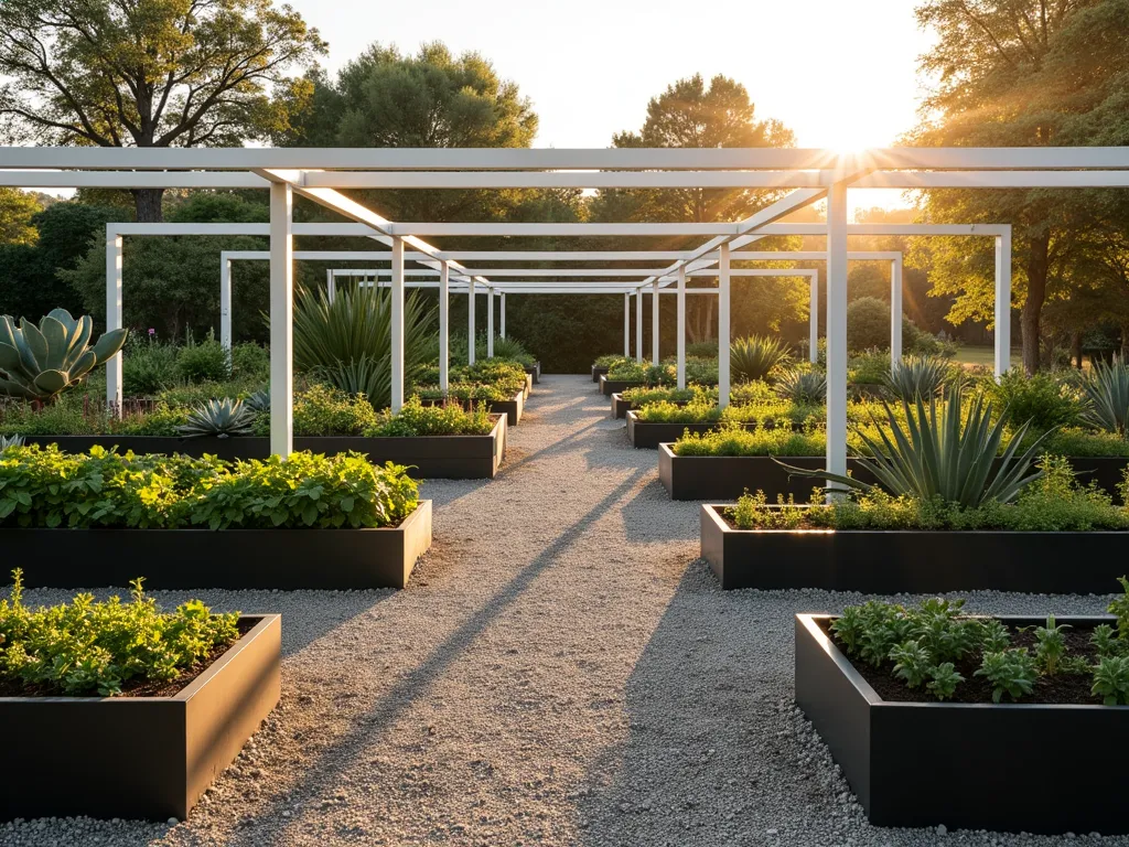 Modern Minimalist Garden Farm Layout - A sophisticated modern minimalist garden farm captured at golden hour, featuring clean geometric raised beds arranged in perfect grid patterns. The beds are crafted from sleek black metal frames, containing organized rows of vegetables. Wide gravel pathways intersect at right angles, creating an efficient grid system. Minimalist white pergola frames outline the space, while subtle LED ground lighting emphasizes the clean lines. Contemporary concrete planters with architectural succulents anchor the corners. The space is photographed from a raised angle to showcase the geometric precision and spatial organization, with long shadows casting dramatic linear patterns across the pathways. Ultra-high resolution DSLR capture, f/8, ISO 100, capturing the warm golden light washing over the pristine agricultural space.