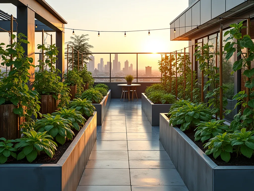 Modern Rooftop Urban Farm Garden - A stunning modern rooftop garden at golden hour, shot with a wide-angle lens capturing a well-organized urban farming space. Multiple raised metallic container beds filled with thriving vegetables and herbs arranged in a geometric pattern. Sleek grey concrete planters with vertical growing systems featuring cascading tomato vines and leafy greens. Industrial-style trellises supporting climbing peas and beans. Modern minimalist seating area with sustainable bamboo furniture. String lights suspended between steel posts. City skyline visible in the background creating depth. Contemporary glass wind barriers protecting the garden. Solar panels integrated into the design. Automated irrigation systems visible. Shot with natural lighting emphasizing the contrast between organic growth and urban architecture.