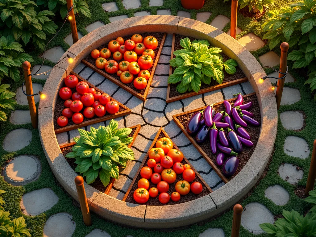 Whimsical Pizza-Shaped Vegetable Garden - Aerial view of a charming circular garden divided into vibrant pizza-slice segments at golden hour. Each triangular section showcases different vegetables: bright red tomatoes, emerald basil, colorful bell peppers, and purple eggplants. Rustic wooden borders outline each slice, with a decorative stone circle forming the pizza's 'crust'. Weathered terracotta stepping stones create paths between sections. Vintage-style garden markers shaped like pizza slices stand at each segment. String lights drape overhead between wooden posts, casting a warm glow. A cozy garden bench and small potting station with pizza-themed garden tools complete the whimsical design. Soft evening light casts long shadows across the unique garden layout, highlighting the geometric pattern.