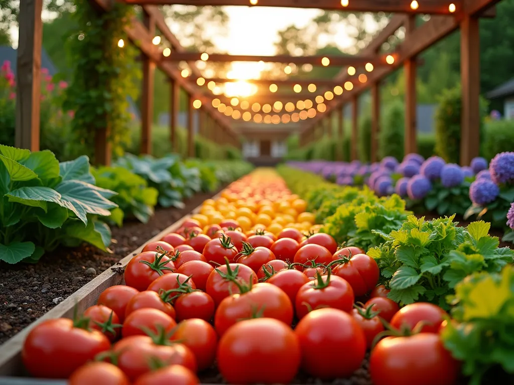 Rainbow Vegetable Garden at Sunset - A beautifully organized backyard vegetable garden photographed at golden hour, featuring rows of crops arranged in a stunning rainbow pattern. In the foreground, vibrant red tomatoes transition into orange carrots, yellow bell peppers, and green lettuce beds, followed by purple cabbage and blue hydrangeas in the background. The garden beds are raised and perfectly manicured, with rustic wooden borders and neat gravel pathways between them. Soft sunset light filters through a wooden pergola overhead, casting warm shadows across the colorful crops. Shot from a low angle with a wide-angle lens to capture the full spectrum of colors, with selective focus on the nearest red tomatoes while maintaining clarity throughout the rainbow progression. Garden string lights draped across the pergola add a magical touch to the scene.