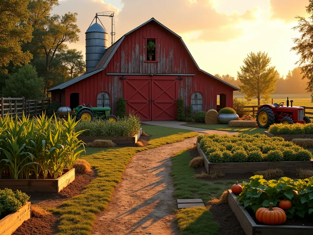 Charming Rustic Farm Garden with Traditional Barn - A cozy rustic barn garden scene at golden hour, featuring a weathered red wooden barn with custom-designed vintage tractors and hay bales scattered around. The barn is surrounded by neatly arranged raised vegetable beds growing corn, wheat, and pumpkins. In the foreground, a charming dirt path winds through the crops, leading to the barn's entrance. A vintage metal silo stands tall against the warm sunset sky, casting long shadows across the farmland. Rustic wooden fencing frames the scene, with climbing vines adding authenticity. The garden includes traditional farmhouse elements like wooden crates, metal milk cans, and straw scattered near the barn doors. The entire scene is bathed in warm, golden sunlight, creating a nostalgic countryside atmosphere.