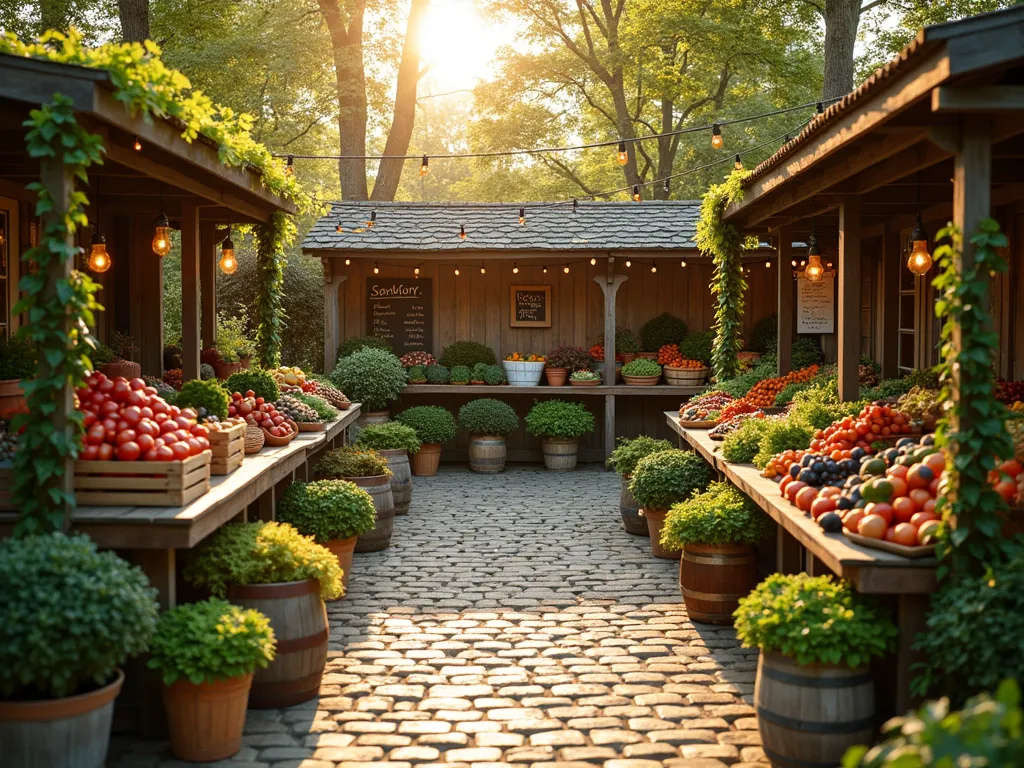 Rustic Farmers Market Garden Display - A charming backyard farmers market scene at golden hour, shot with a wide-angle lens capturing wooden market stalls arranged in a horseshoe layout on a cobblestone patio. Vintage wooden crates and woven baskets overflow with freshly harvested vegetables. Rustic wooden barrels serve as display pedestals for potted herbs. String lights crisscross overhead between wooden posts wrapped in climbing vines. Hand-painted signs indicate produce prices, while weathered wooden panels create a cozy marketplace backdrop. Soft evening sunlight filters through nearby maple trees, casting warm shadows across the scene. Shot with shallow depth of field highlighting the textural details of the produce and wooden elements. 16-35mm lens, f/2.8, ISO 400