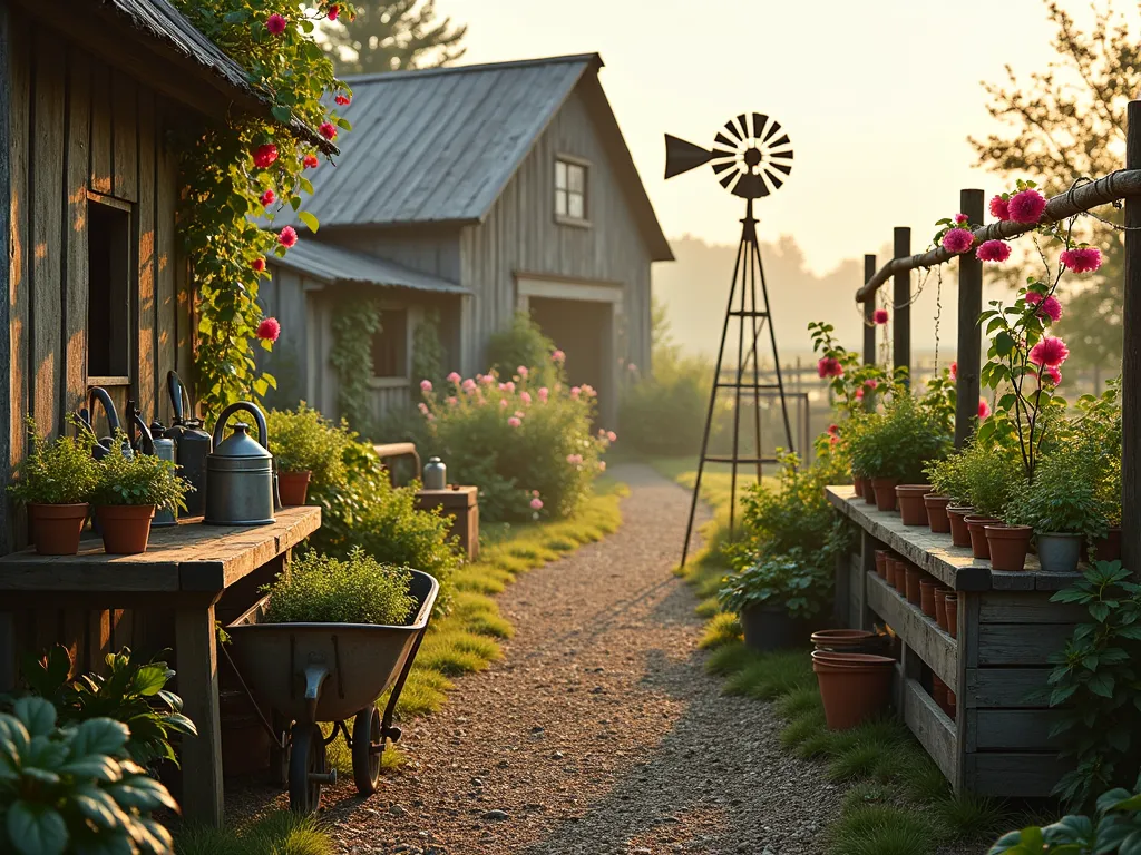 Rustic Vintage Farm Garden at Dawn - A misty dawn reveals a charming vintage-style garden farm setting, shot from a wide perspective. A weathered wooden barn with peeling paint stands in the background, while an enchanting array of wooden crates, vintage metal watering cans, and antique farming tools are artfully arranged in the foreground. Morning light filters through climbing roses on wooden trellises, illuminating a collection of heritage vegetables growing in raised wooden beds. An old wooden wheelbarrow filled with fresh herbs sits beside a rustic potting bench adorned with terracotta pots. Weathered fence posts connected by twine create a nostalgic boundary, with morning glories twining up the posts. The scene is softened by the warm golden light of sunrise, creating long shadows across the dew-covered gravel pathways. A vintage metal windmill turns gently in the morning breeze, completing the timeless pastoral scene.