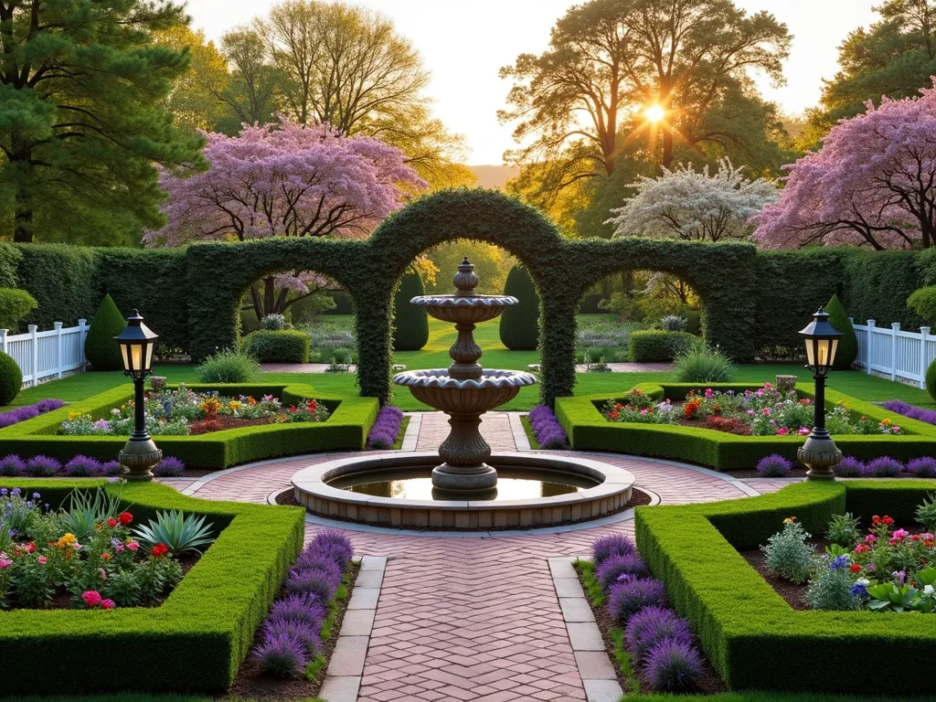 Elegant Symmetrical Garden with Central Fountain - A stunning symmetrical garden photographed at golden hour, captured with a wide-angle lens showcasing perfect mirror-image design. At the center, an ornate stone fountain acts as a dramatic focal point. On both sides, meticulously arranged raised garden beds contain identical patterns of vegetables and flowers. White picket fencing frames both sides, with matching archways covered in climbing roses. Manicured boxwood hedges create geometric patterns, while lavender borders add color symmetry. Garden paths made of herringbone brick lead to the fountain from both directions. Vintage-style garden lanterns stand sentinel at key points, their warm glow beginning to shine in the early evening light. The scene is backed by a matching pair of ornamental cherry trees in full bloom.